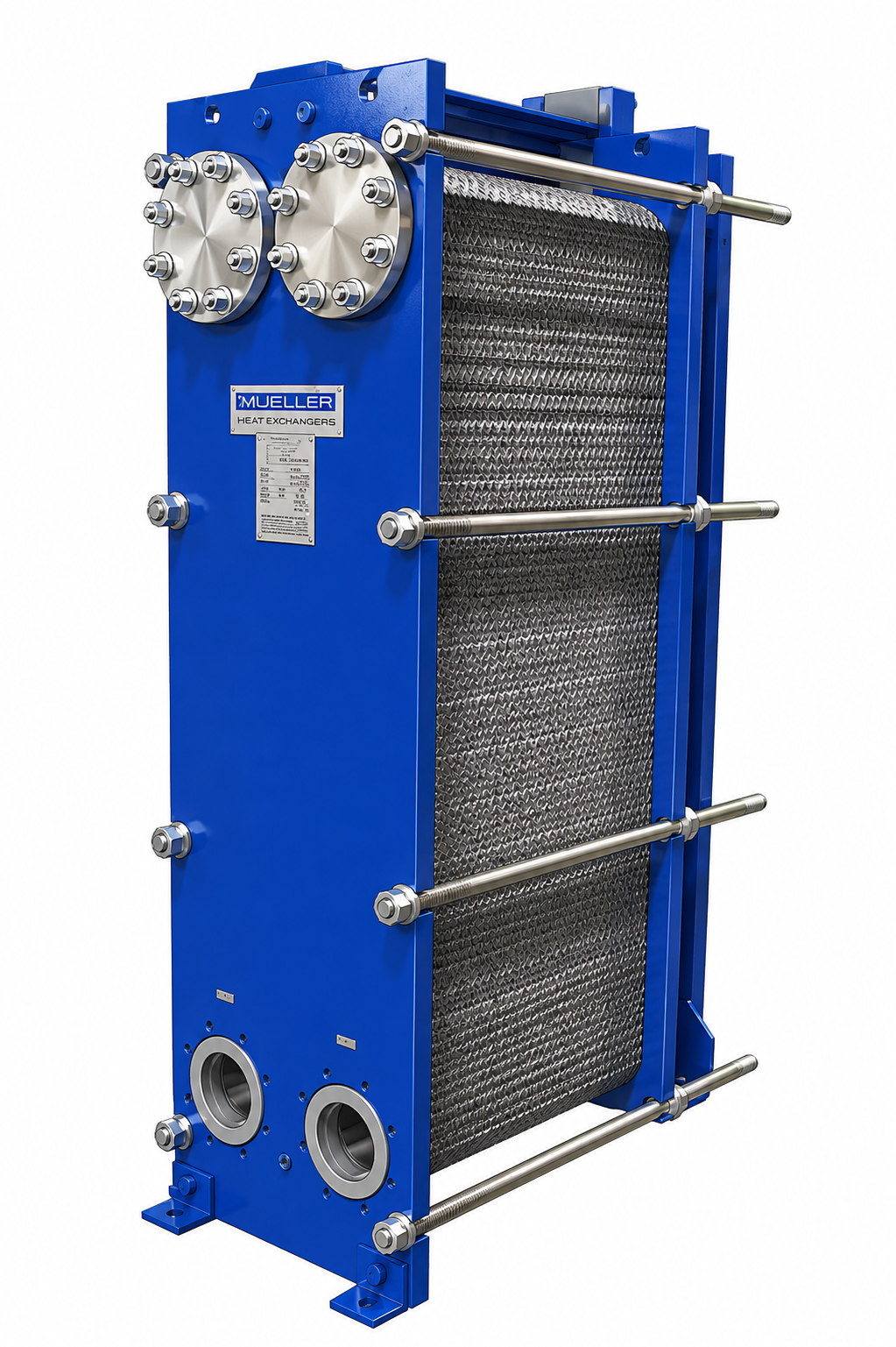 Image needed: Gasketed plate and frame heat exchanger with the plate pack compressed between end frames